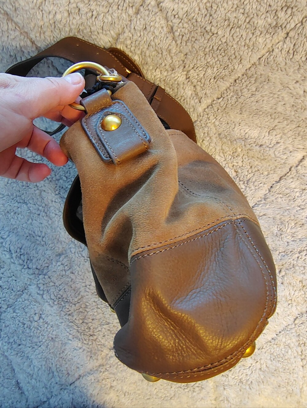 Aimee Kestenberg Tan Brown Suede Leather Shoulder Bag with Brass Accents - Picture 9 of 15
